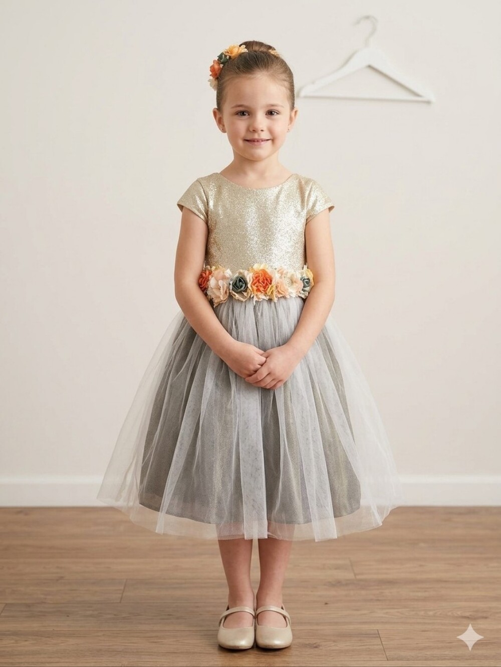 Weldon Girls Gold Glitter & Tulle Floral Occasion Dress - Size 6